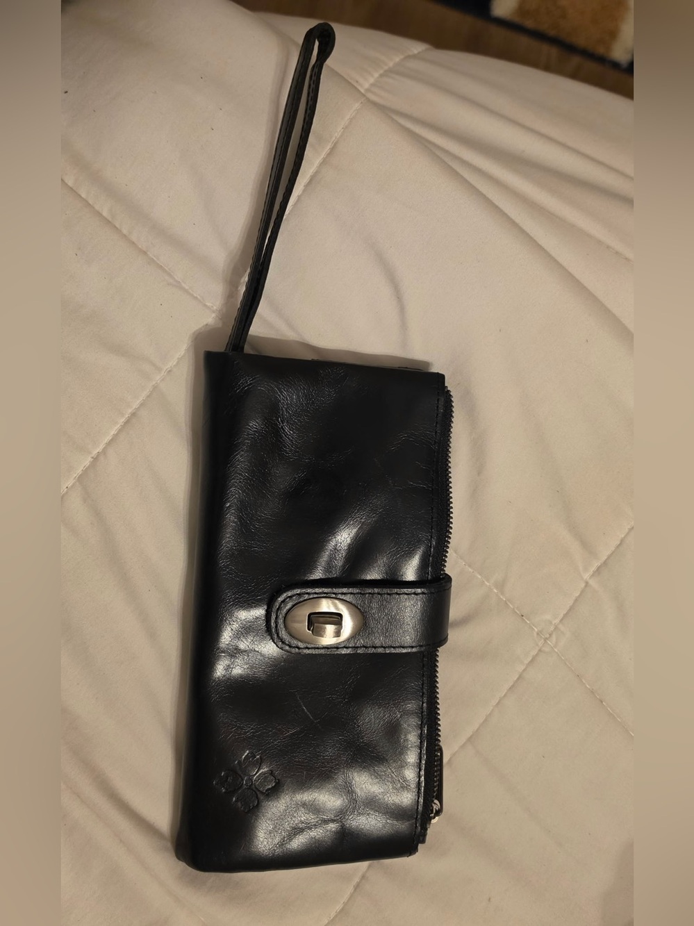 Patricia Nash Black Leather Wristlet Wallet with Turn-Lock
